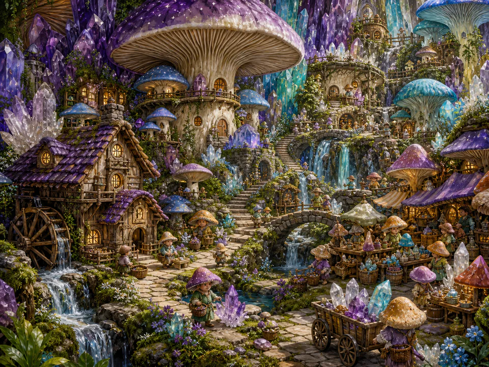 Crystal Mushroom Hamlet, an illustrated fantasy villages jigsaw puzzle scene