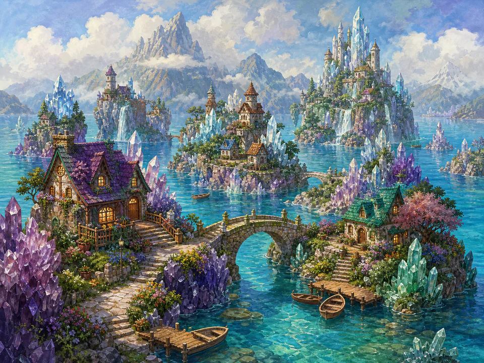 Crystal Island Homes, an illustrated fantasy villages jigsaw puzzle scene