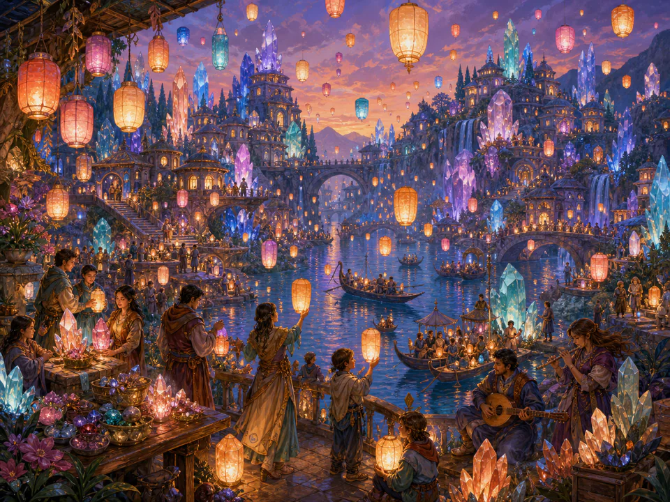 Crystal Lantern Festival, an illustrated fantasy villages jigsaw puzzle scene