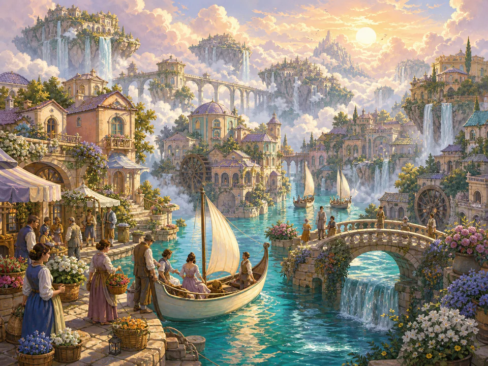 Cloudbound Canal Village, an illustrated fantasy villages jigsaw puzzle scene