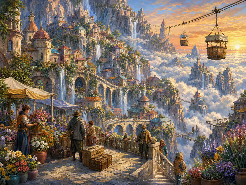 Cloudbound Mountain Town, an illustrated fantasy villages jigsaw puzzle scene