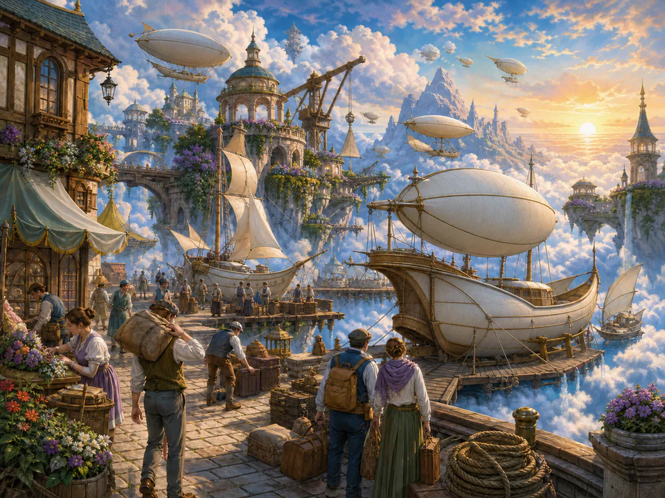 Cloudbound Sky Harbor, an illustrated fantasy villages jigsaw puzzle scene