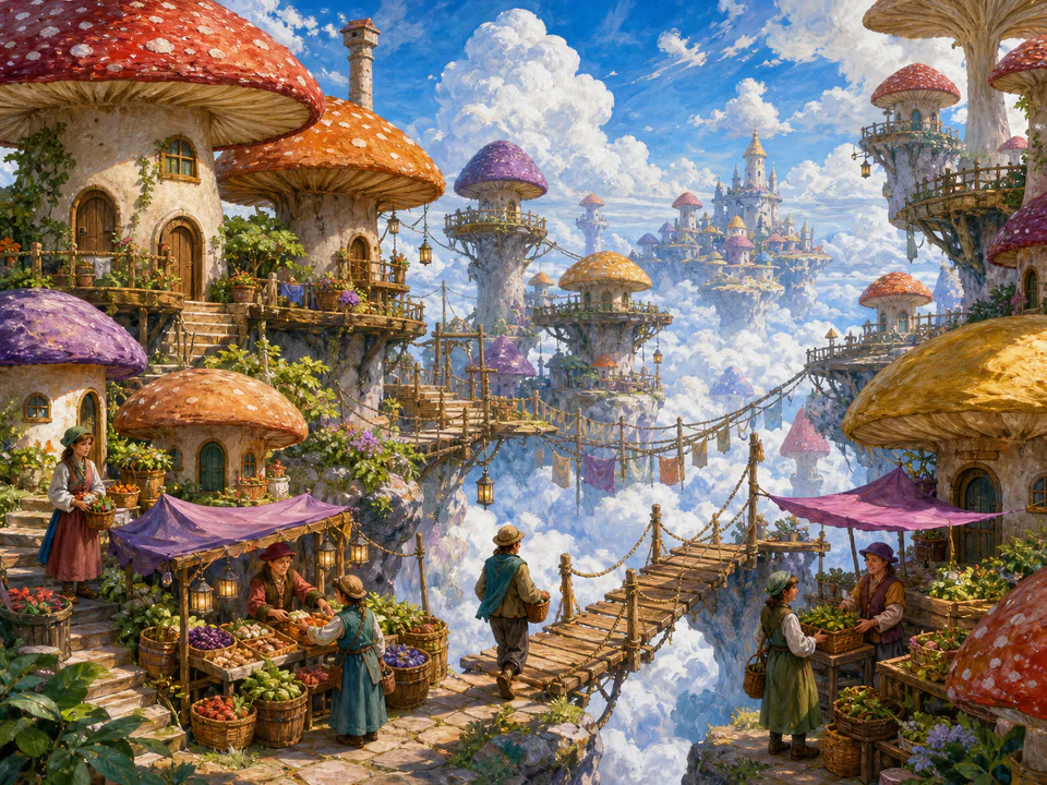 Cloudbound Mushroom Hamlet, an illustrated fantasy villages jigsaw puzzle scene