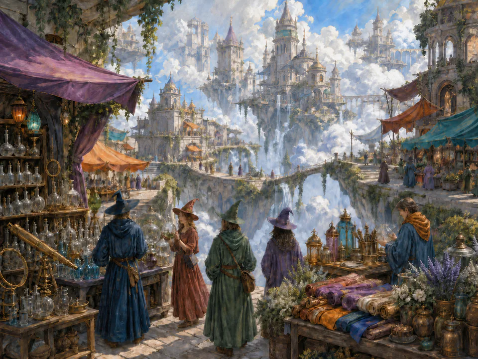 Cloudbound Wizard Market, an illustrated fantasy villages jigsaw puzzle scene