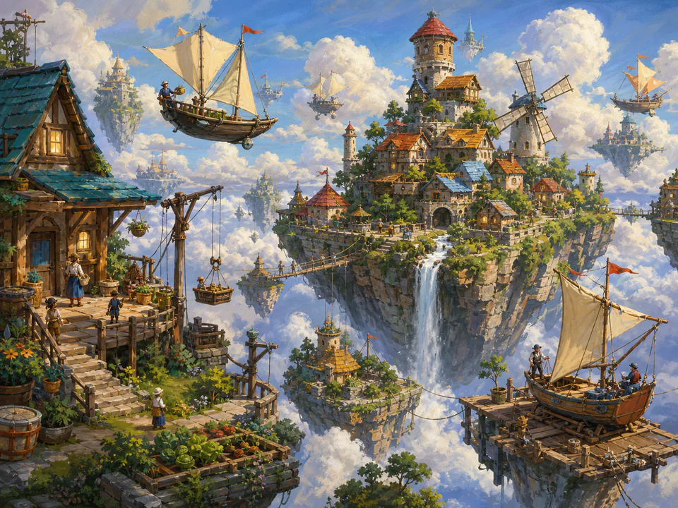 Cloudbound Island Homes, an illustrated fantasy villages jigsaw puzzle scene