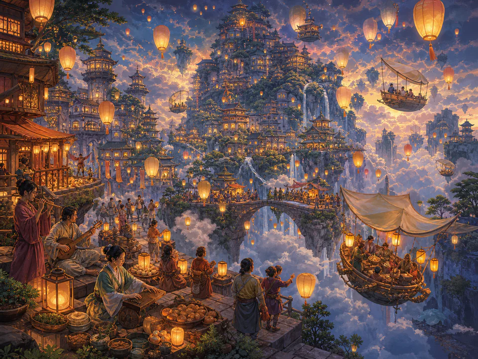 Cloudbound Lantern Festival, an illustrated fantasy villages jigsaw puzzle scene