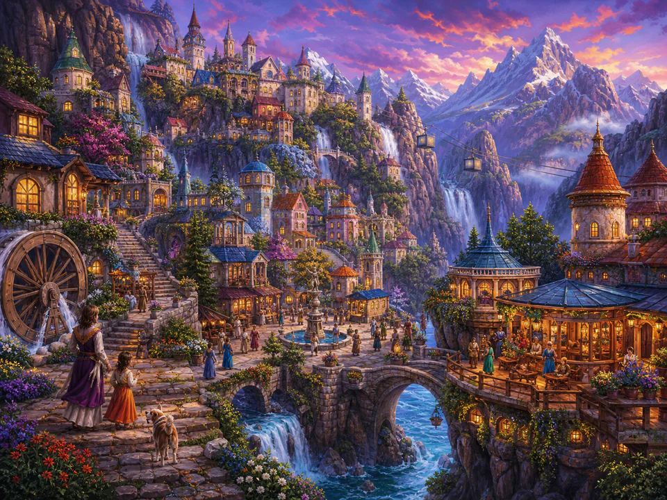 Enchanted Mountain Town, an illustrated fantasy villages jigsaw puzzle scene
