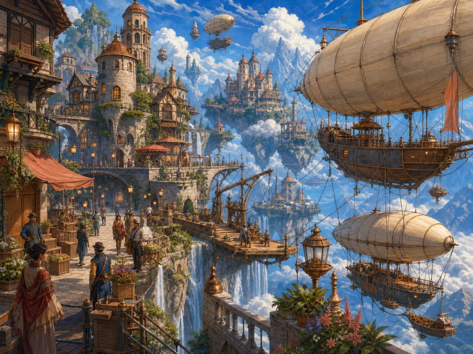 Enchanted Sky Harbor, an illustrated fantasy villages jigsaw puzzle scene
