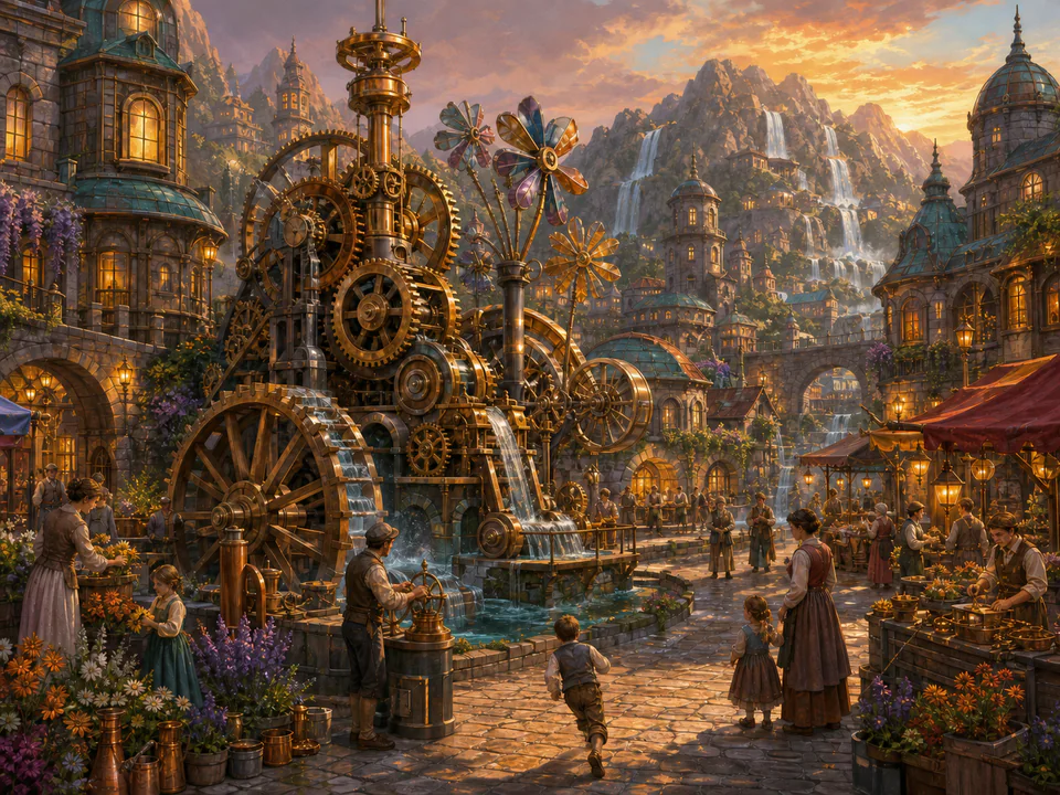 Enchanted Clockwork Square, an illustrated fantasy villages jigsaw puzzle scene