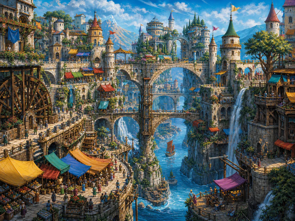 Enchanted Bridge City, an illustrated fantasy villages jigsaw puzzle scene