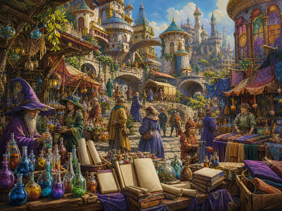 Enchanted Wizard Market, an illustrated fantasy villages jigsaw puzzle scene