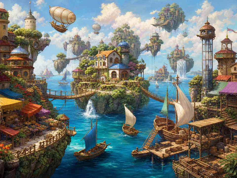 Enchanted Island Homes, an illustrated fantasy villages jigsaw puzzle scene