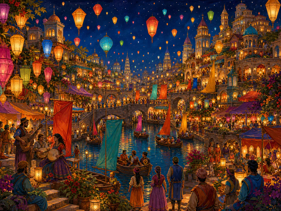 Enchanted Lantern Festival, an illustrated fantasy villages jigsaw puzzle scene