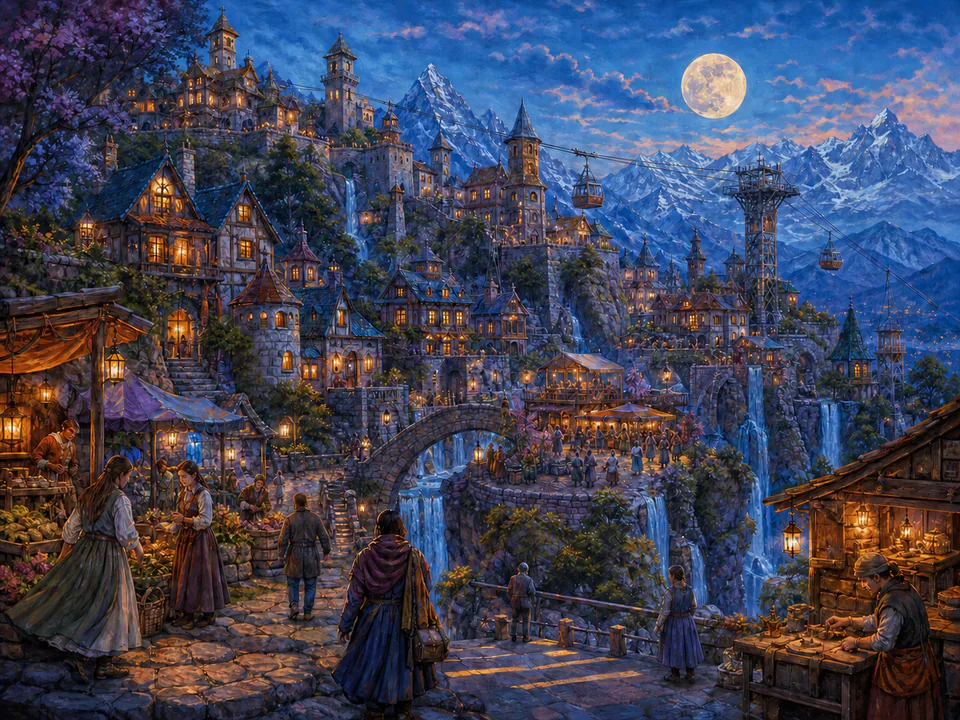 Moonrise Mountain Town, an illustrated fantasy villages jigsaw puzzle scene