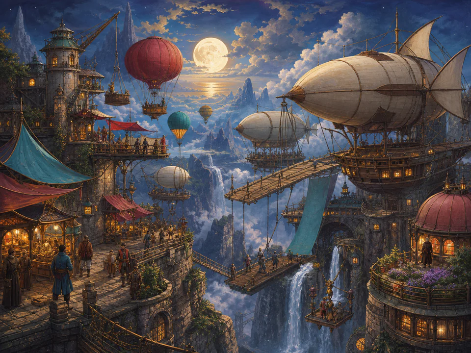 Moonrise Sky Harbor, an illustrated fantasy villages jigsaw puzzle scene