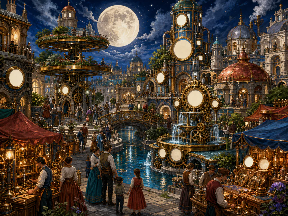 Moonrise Clockwork Square, an illustrated fantasy villages jigsaw puzzle scene
