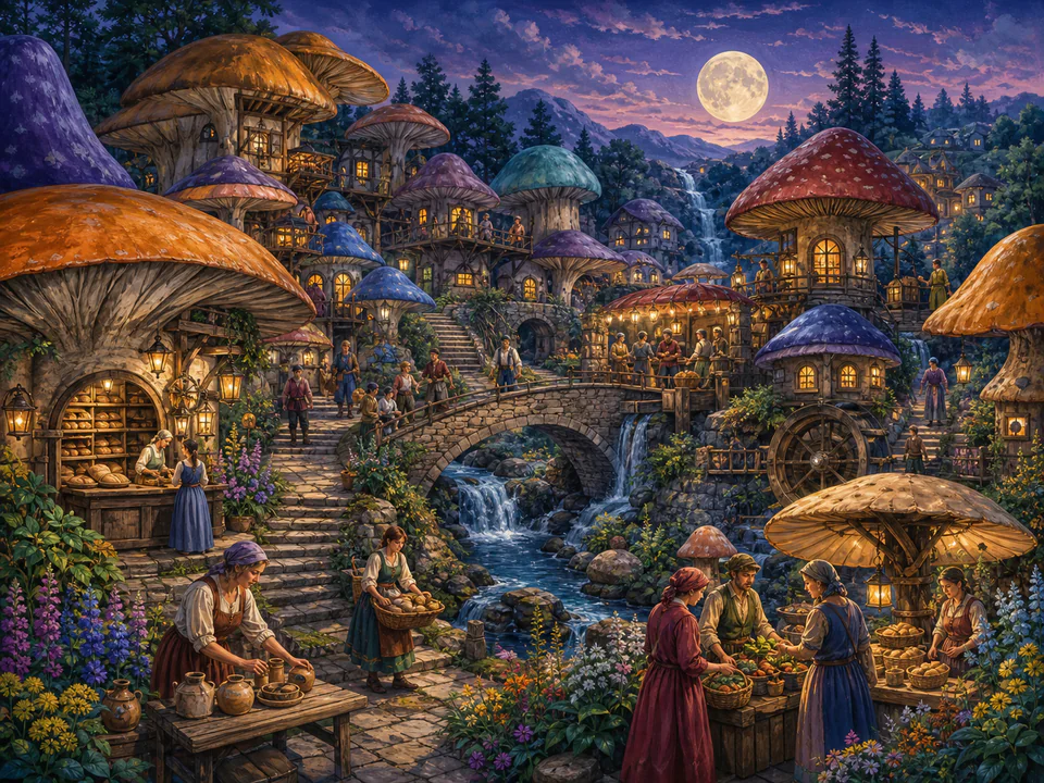 Moonrise Mushroom Hamlet, an illustrated fantasy villages jigsaw puzzle scene