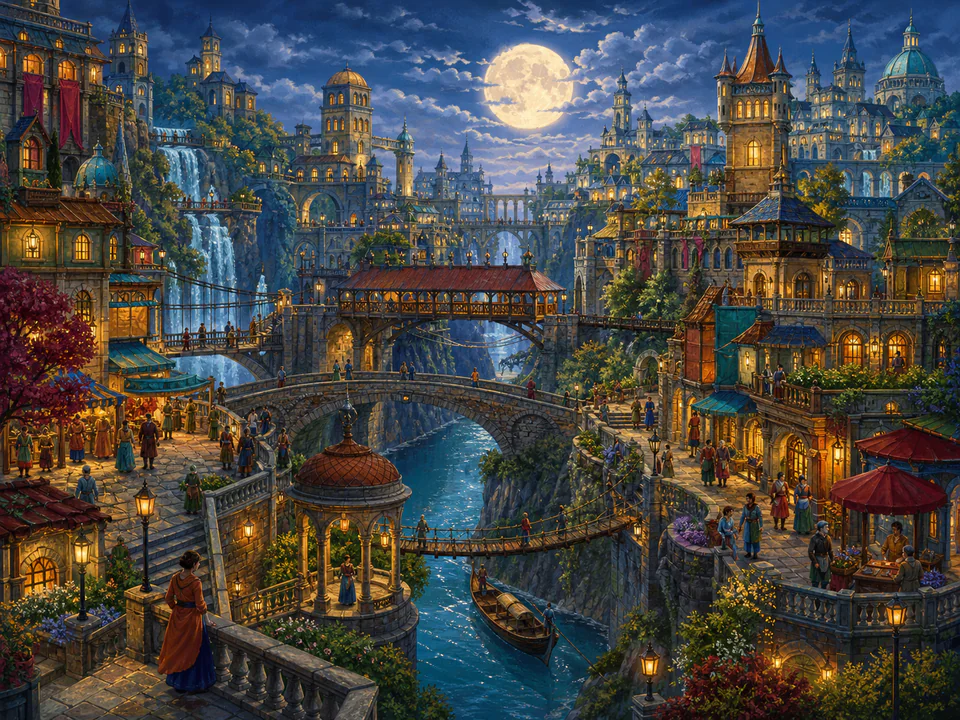 Moonrise Bridge City, an illustrated fantasy villages jigsaw puzzle scene