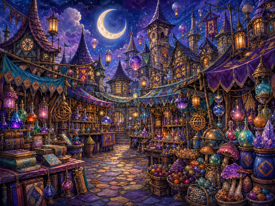 Moonrise Wizard Market, an illustrated fantasy villages jigsaw puzzle scene