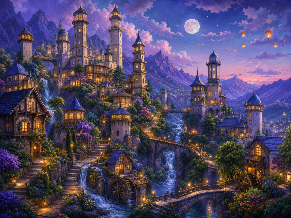 Moonrise Valley Towers, an illustrated fantasy villages jigsaw puzzle scene