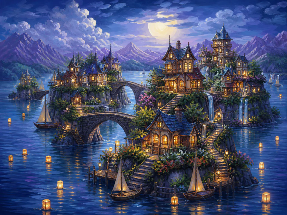Moonrise Island Homes, an illustrated fantasy villages jigsaw puzzle scene