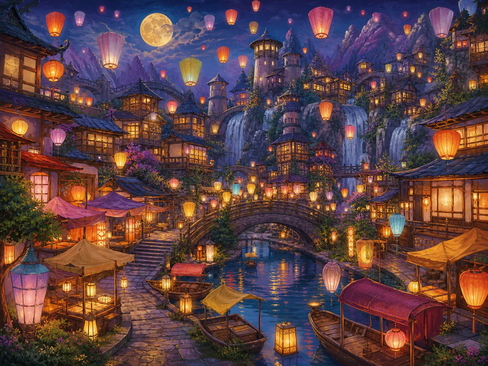 Moonrise Lantern Festival, an illustrated fantasy villages jigsaw puzzle scene