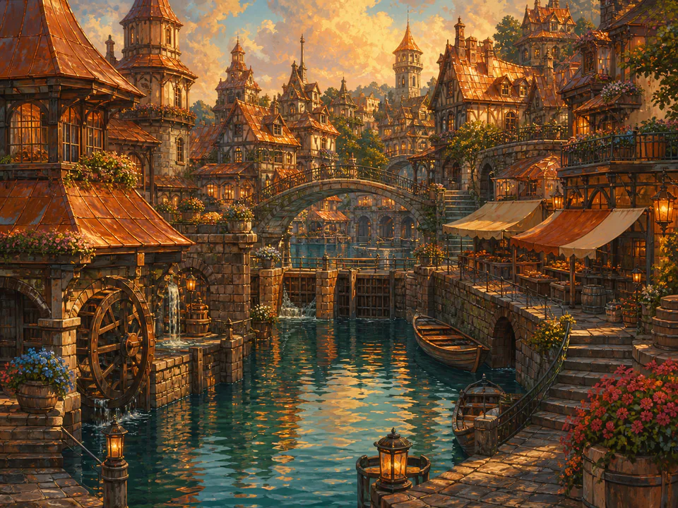 Copper Canal Village, an illustrated fantasy villages jigsaw puzzle scene
