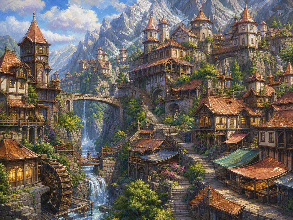 Copper Mountain Town, an illustrated fantasy villages jigsaw puzzle scene