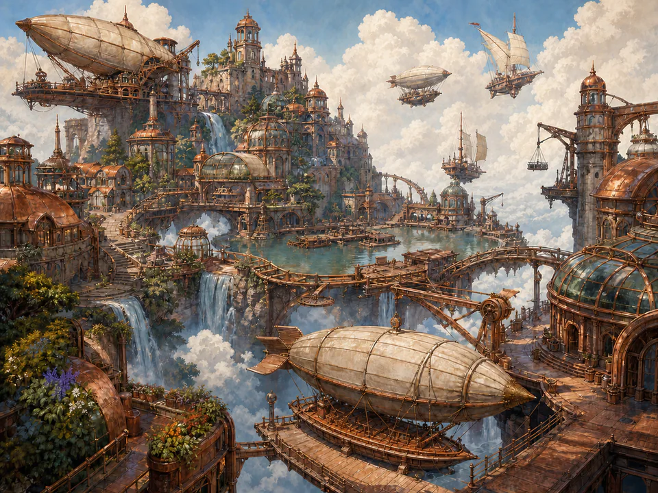 Copper Sky Harbor, an illustrated fantasy villages jigsaw puzzle scene