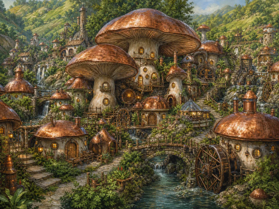 Copper Mushroom Hamlet, an illustrated fantasy villages jigsaw puzzle scene