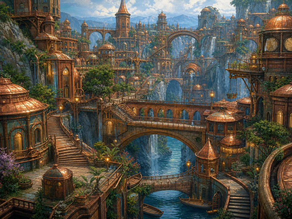 Copper Bridge City, an illustrated fantasy villages jigsaw puzzle scene