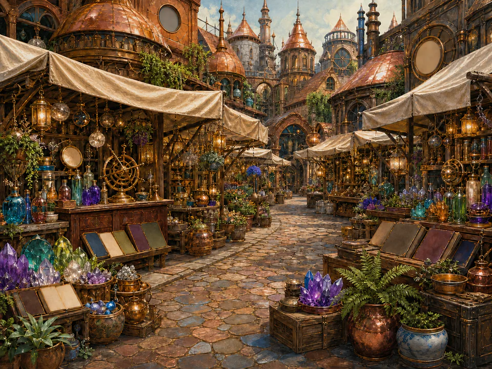 Copper Wizard Market, an illustrated fantasy villages jigsaw puzzle scene