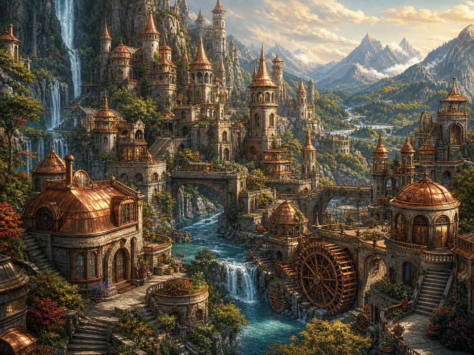 Copper Valley Towers, an illustrated fantasy villages jigsaw puzzle scene