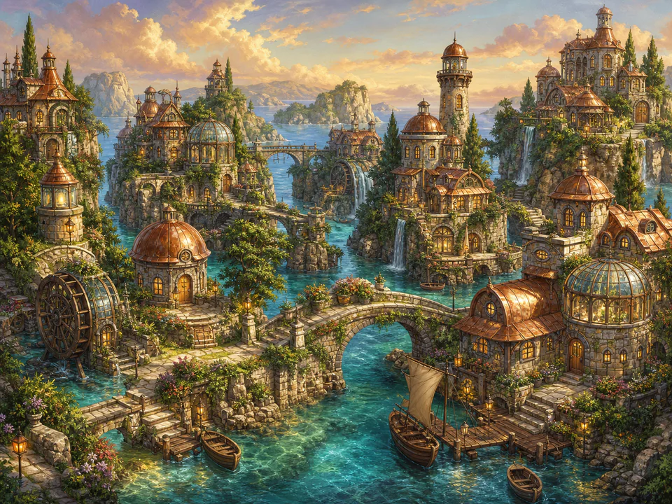 Copper Island Homes, an illustrated fantasy villages jigsaw puzzle scene