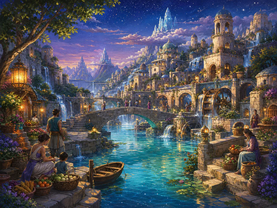 Celestial Canal Village, an illustrated fantasy villages jigsaw puzzle scene