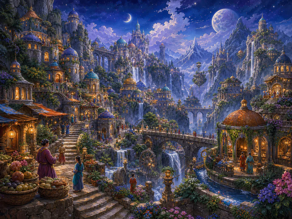 Celestial Mountain Town, an illustrated fantasy villages jigsaw puzzle scene