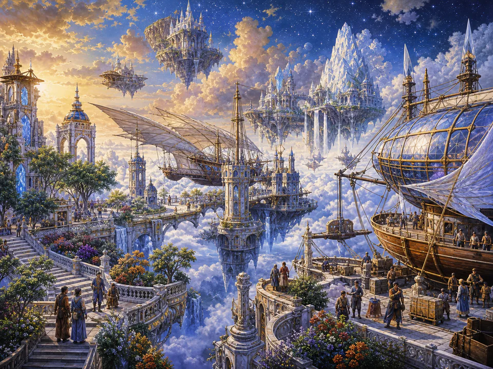 Celestial Sky Harbor, an illustrated fantasy villages jigsaw puzzle scene