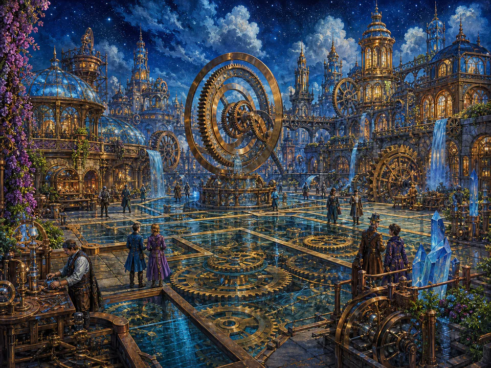 Celestial Clockwork Square, an illustrated fantasy villages jigsaw puzzle scene