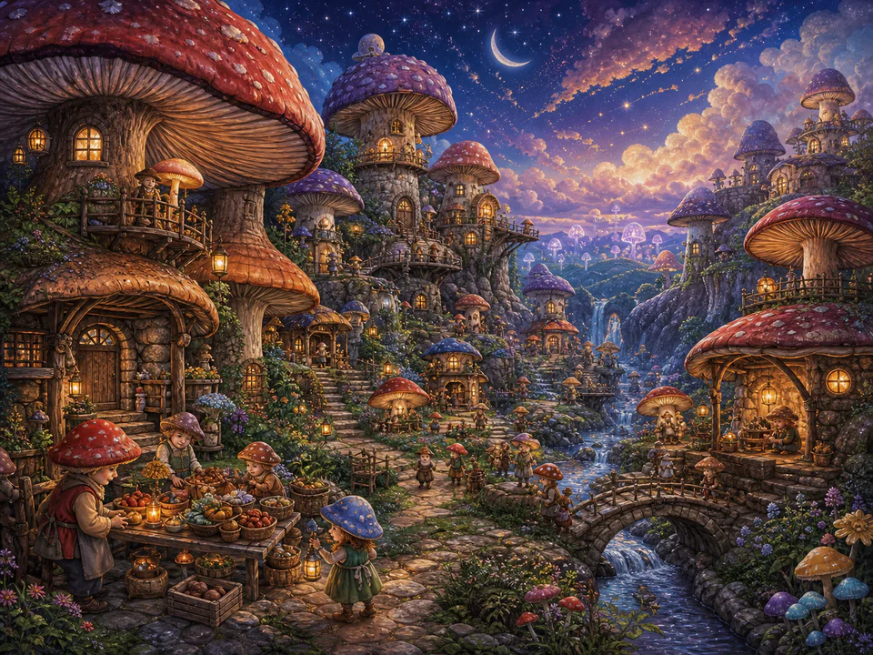 Celestial Mushroom Hamlet, an illustrated fantasy villages jigsaw puzzle scene
