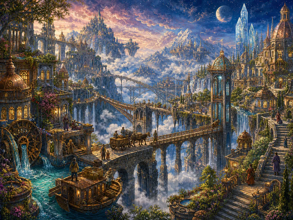 Celestial Bridge City, an illustrated fantasy villages jigsaw puzzle scene