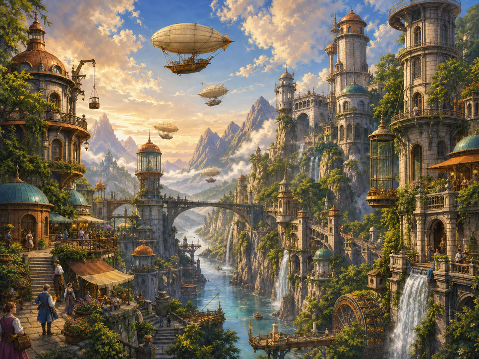 Celestial Valley Towers, an illustrated fantasy villages jigsaw puzzle scene