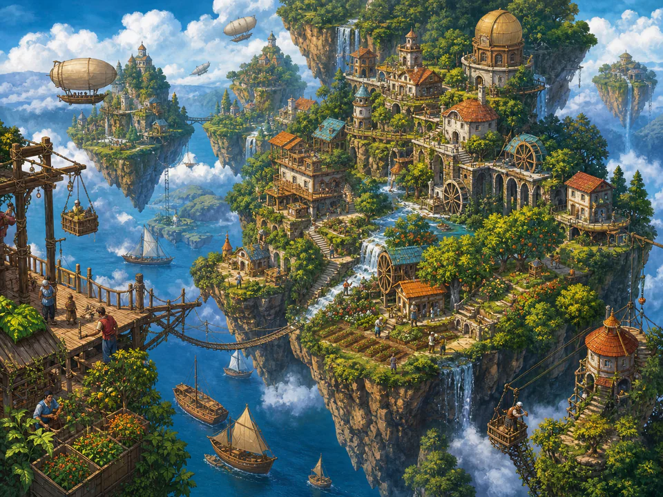 Celestial Island Homes, an illustrated fantasy villages jigsaw puzzle scene