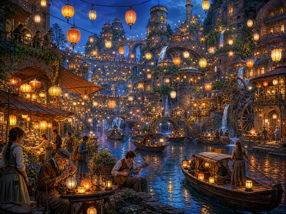 Celestial Lantern Festival, an illustrated fantasy villages jigsaw puzzle scene