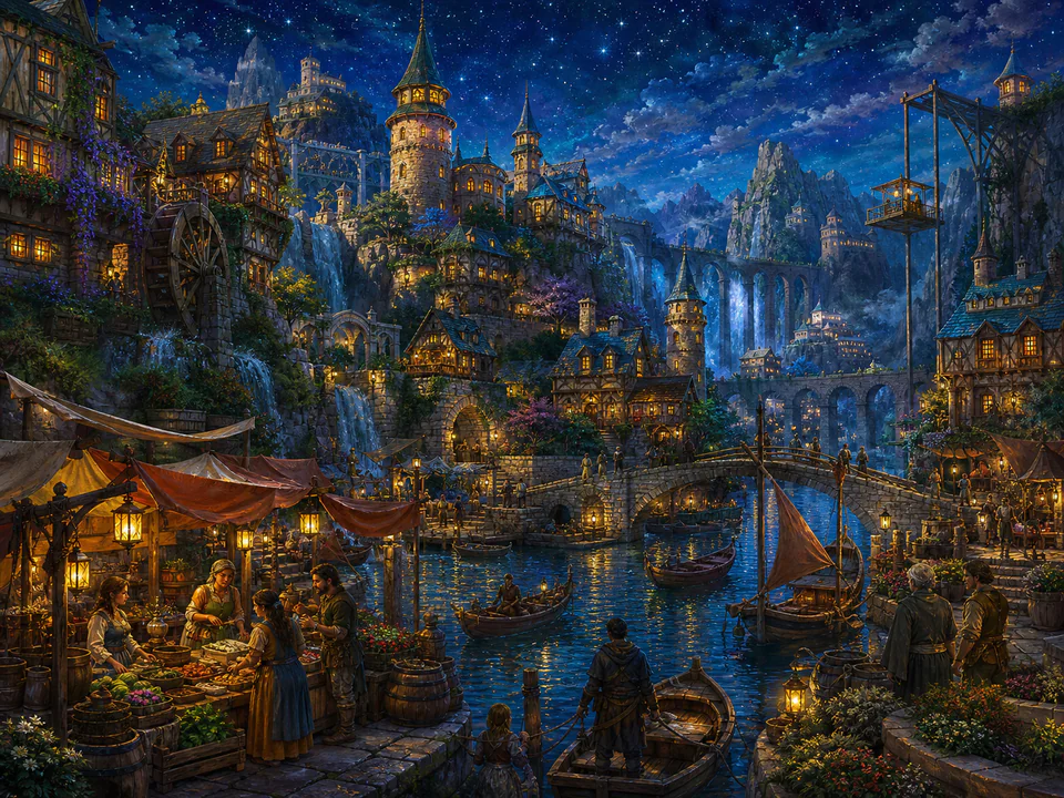 Hidden Canal Village, an illustrated fantasy villages jigsaw puzzle scene