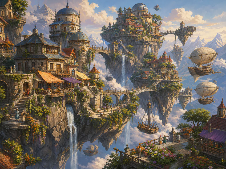 Hidden Mountain Town, an illustrated fantasy villages jigsaw puzzle scene