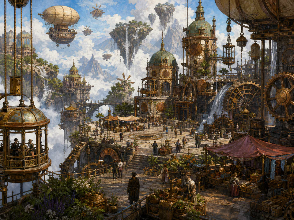 Hidden Clockwork Square, an illustrated fantasy villages jigsaw puzzle scene