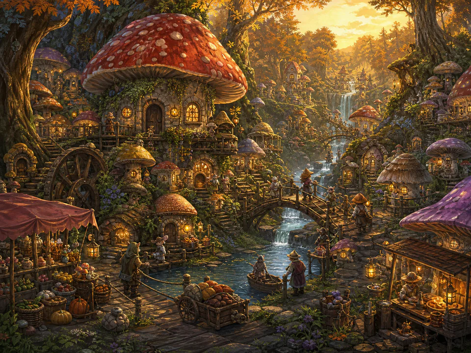 Hidden Mushroom Hamlet, an illustrated fantasy villages jigsaw puzzle scene