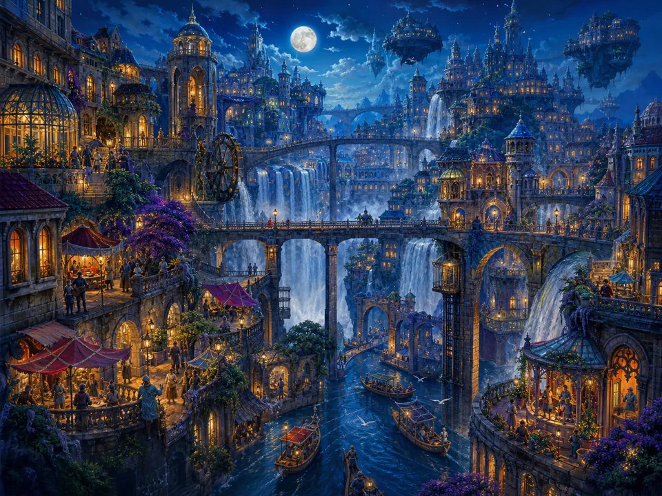 Hidden Bridge City, an illustrated fantasy villages jigsaw puzzle scene