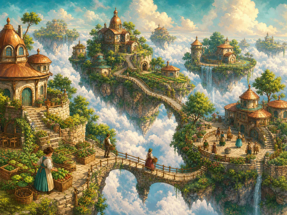 Hidden Island Homes, an illustrated fantasy villages jigsaw puzzle scene
