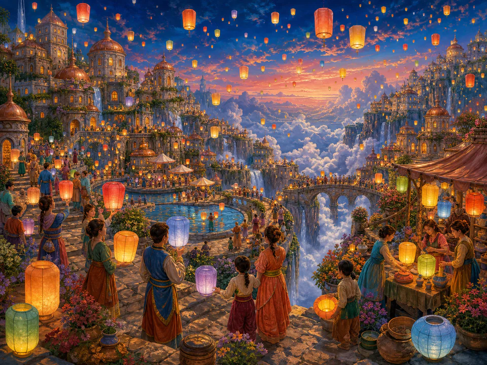 Hidden Lantern Festival, an illustrated fantasy villages jigsaw puzzle scene